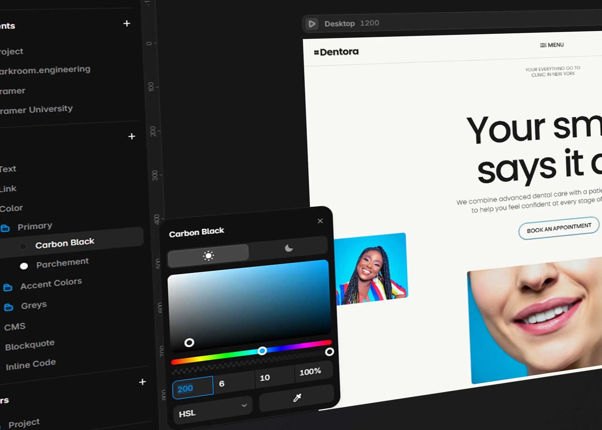 Framer Variables panel showing centralized color tokens and a website preview, demonstrating how design variables create consistent and scalable design systems.