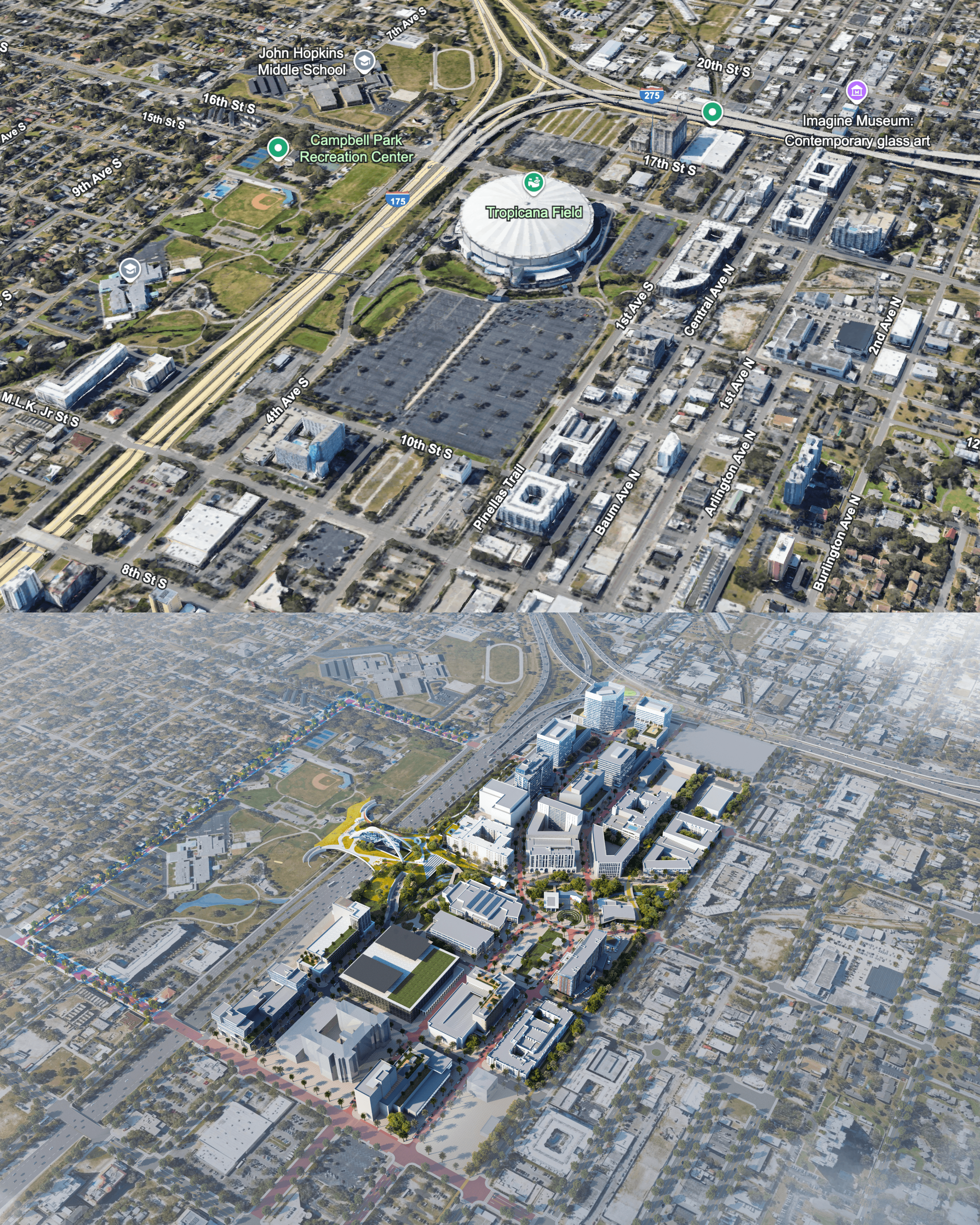 Aerial view rendering of the proposed 95.5-acre Historic Gas Plant District redevelopment near Tropicana Field in St. Petersburg, featuring mixed-use buildings and public spaces