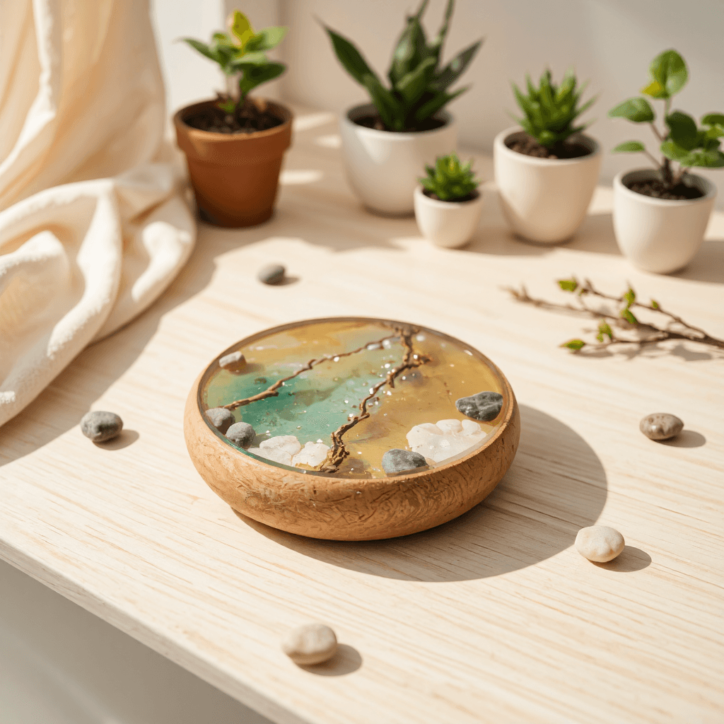 product photography of a round resin art piece