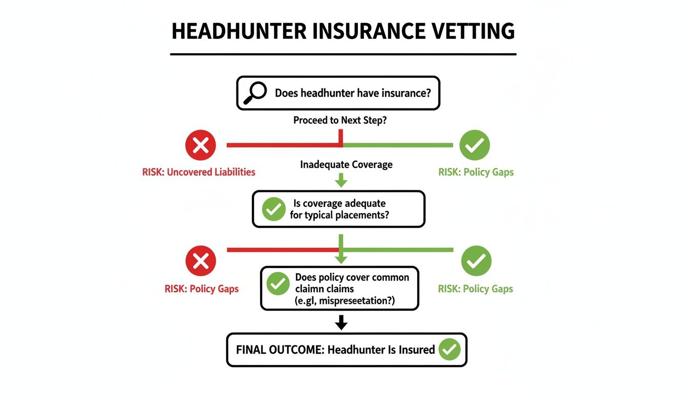 Flowchart detailing headhunter insurance vetting process, checking for coverage, adequacy, and common claim types.