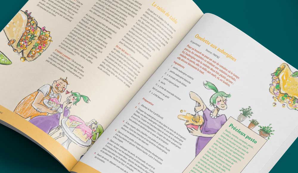Mise en page des recettes présentées dans le magazine avec illustrations sympathiques