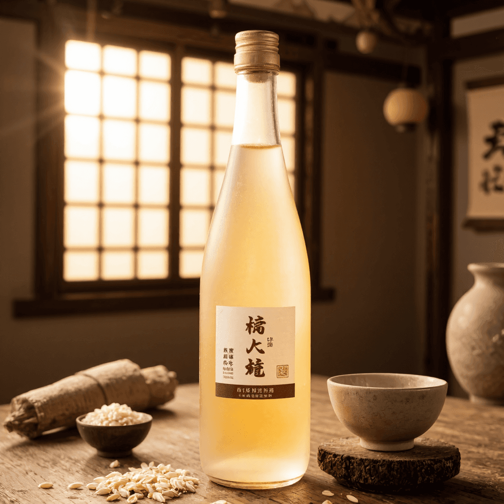 product photography of a bottle of traditional Korean rice wine