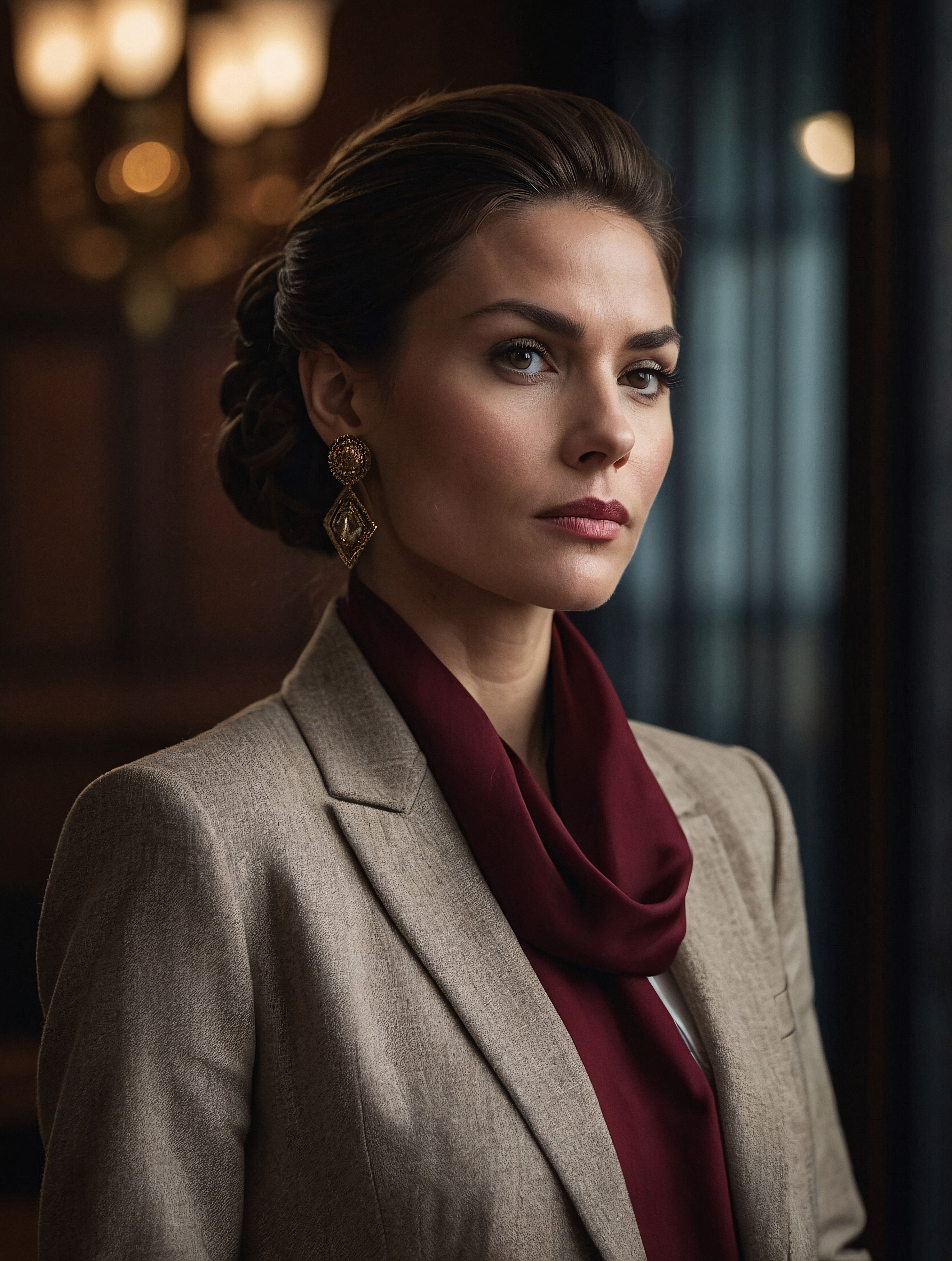 A woman in a tailored suit and scarf, standing in a dimly lit room with elegant decor, looks thoughtfully into the distance.