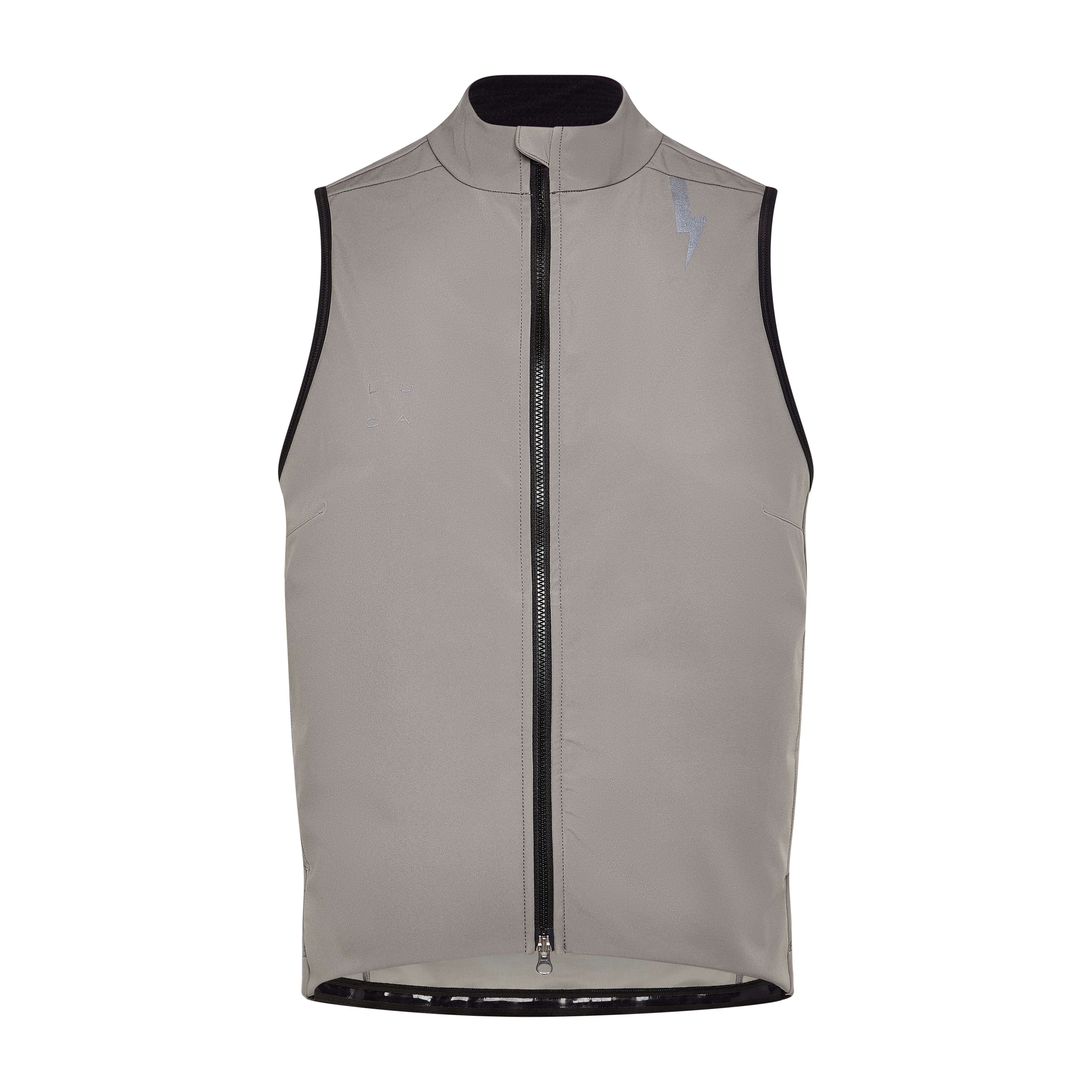 Studio-shot-of-the-taupe-grey-Luca-cycling-gilet-on-a-while-background--it-features-a-high-collar-full-black-zipper-the-subtle-grey-LUCA-logo-on-the-chest-and-a-prominnt-reflctive-lighting-bolt-graphic-on-the-shouler-The-hem-has-a-reflective-band-visible-along-the-bttom-edge