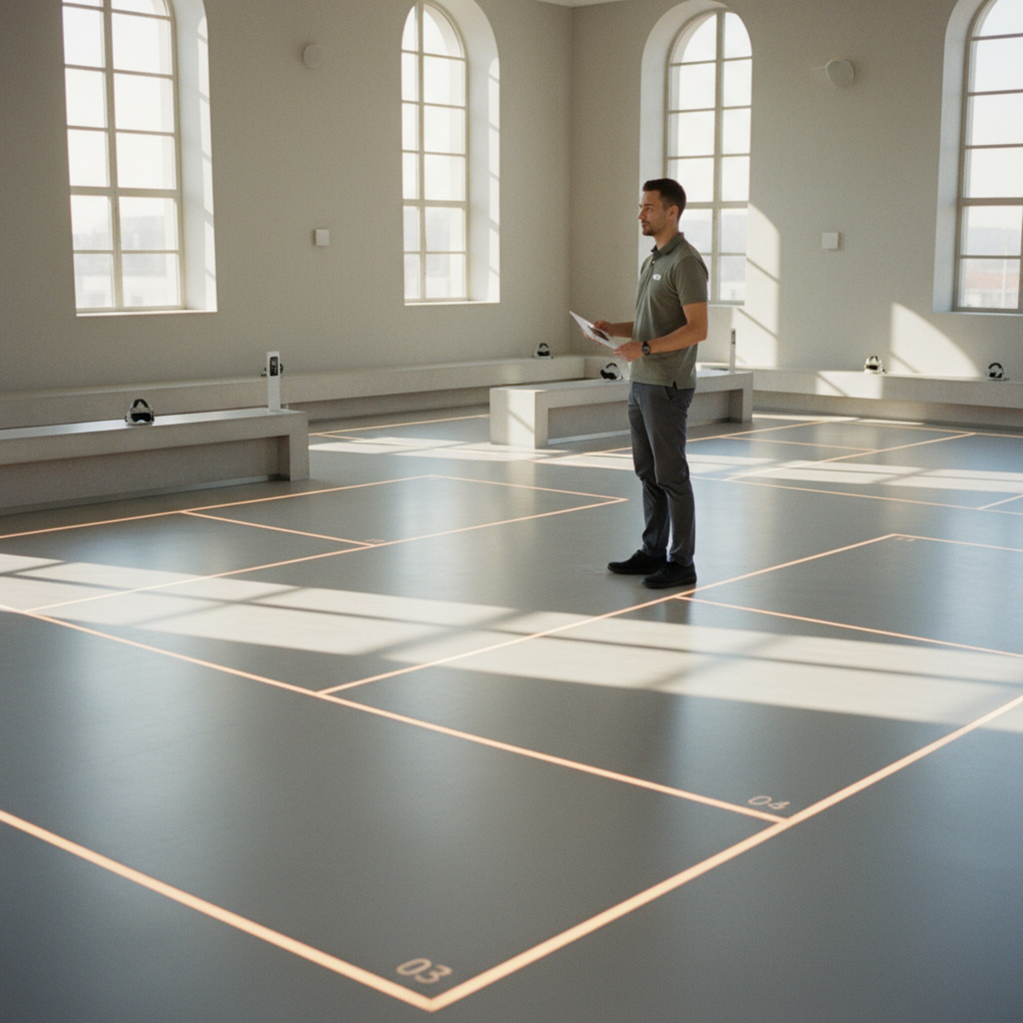 Ein Mitarbeiter steht vor einem übersichtlichen Raum mit nummerierten Spielfeldern, die durch sanfte Streifenlicht-Bänder getrennt sind. Er überprüft Markierungen und tauscht ein Stationsschild aus. Die Flächen wirken klar strukturiert. Die Szene vermittelt Ruhe, Präzision und optimale Vorbereitung.