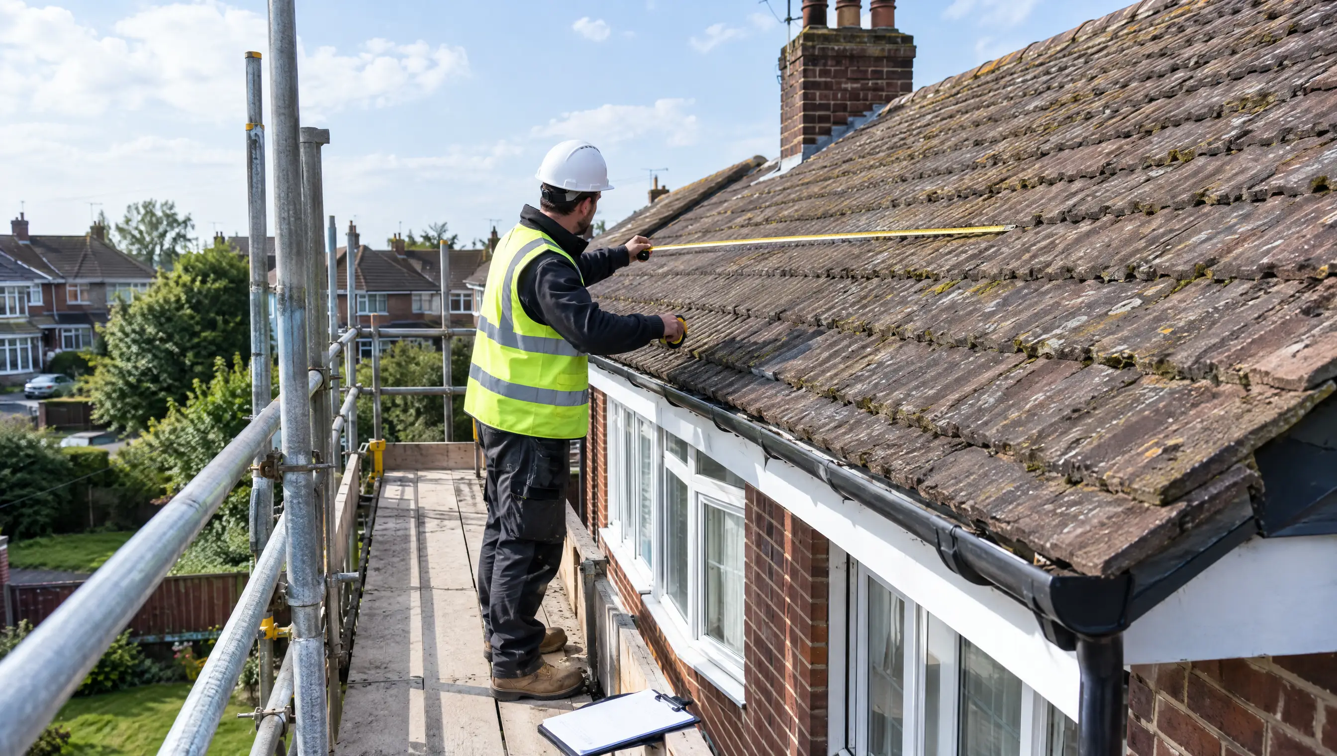 A solar installer measuring a tiled roof from a scaffold during a survey