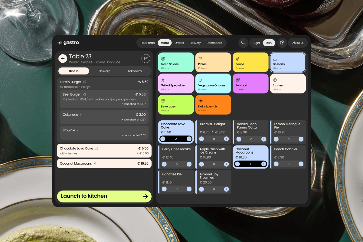 A taking order screen from point of sale for restaurants