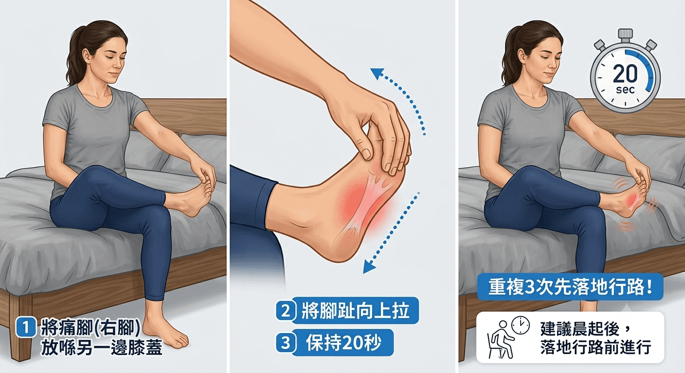 A three-panel clinical illustration on a light background. On the left and right, a woman sits on a bed, crossing one leg to pull her toes backward, stretching the arch of her foot. The middle panel is a close-up of the foot, with red highlights showing the pulsing pain or tension. Text instructions are provided in traditional Chinese, outlining the steps for a plantar fascia stretch, with a stopwatch on the right showing a 20-second duration. Small icons at the bottom recommend doing this stretch after waking up and before getting out of bed.
