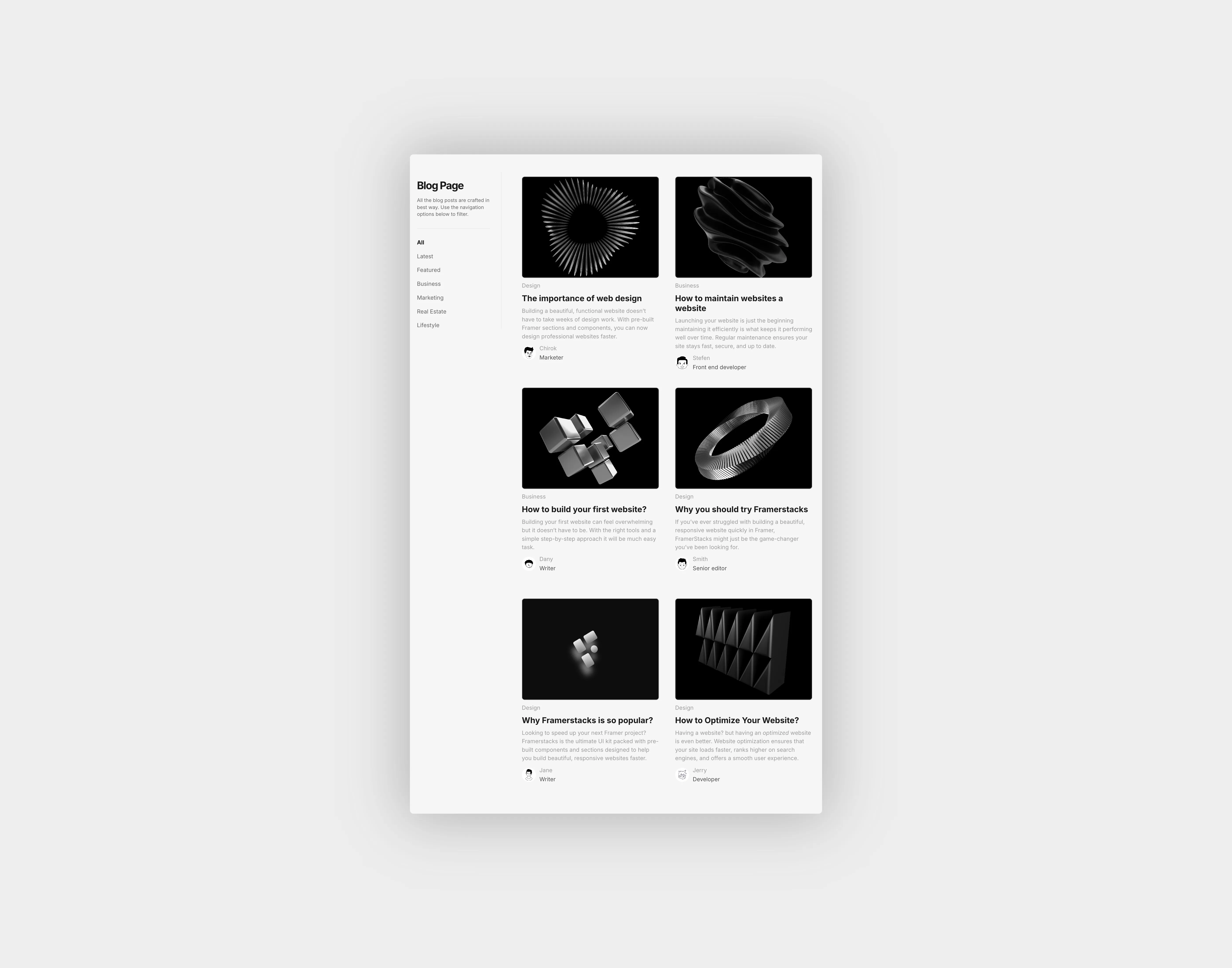 A light themed cms blog collection page ui in grid format