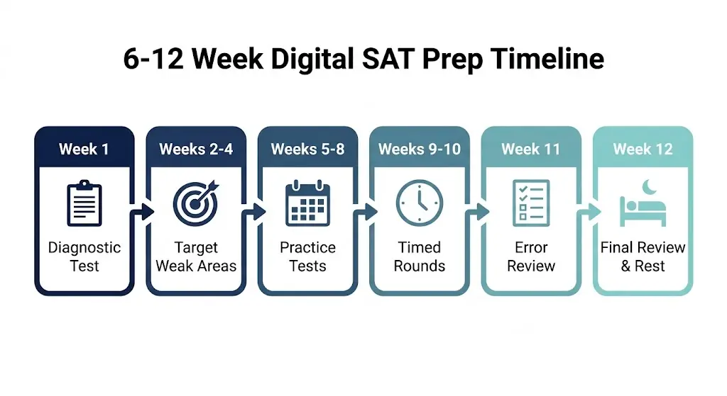 Digital SAT prep timeline infographic showing 6 to 12 week study schedule with diagnostic tests, weekly practice, and last minute review before exam day.
