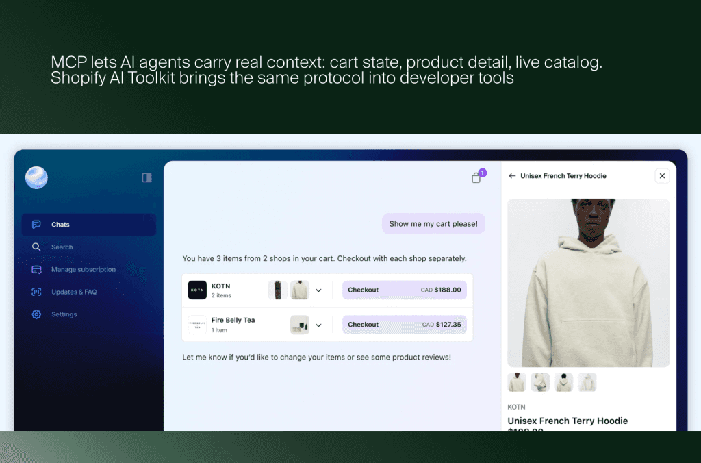 AI shopping assistant chat showing a cart with items from two Shopify stores, next to a hoodie product detail