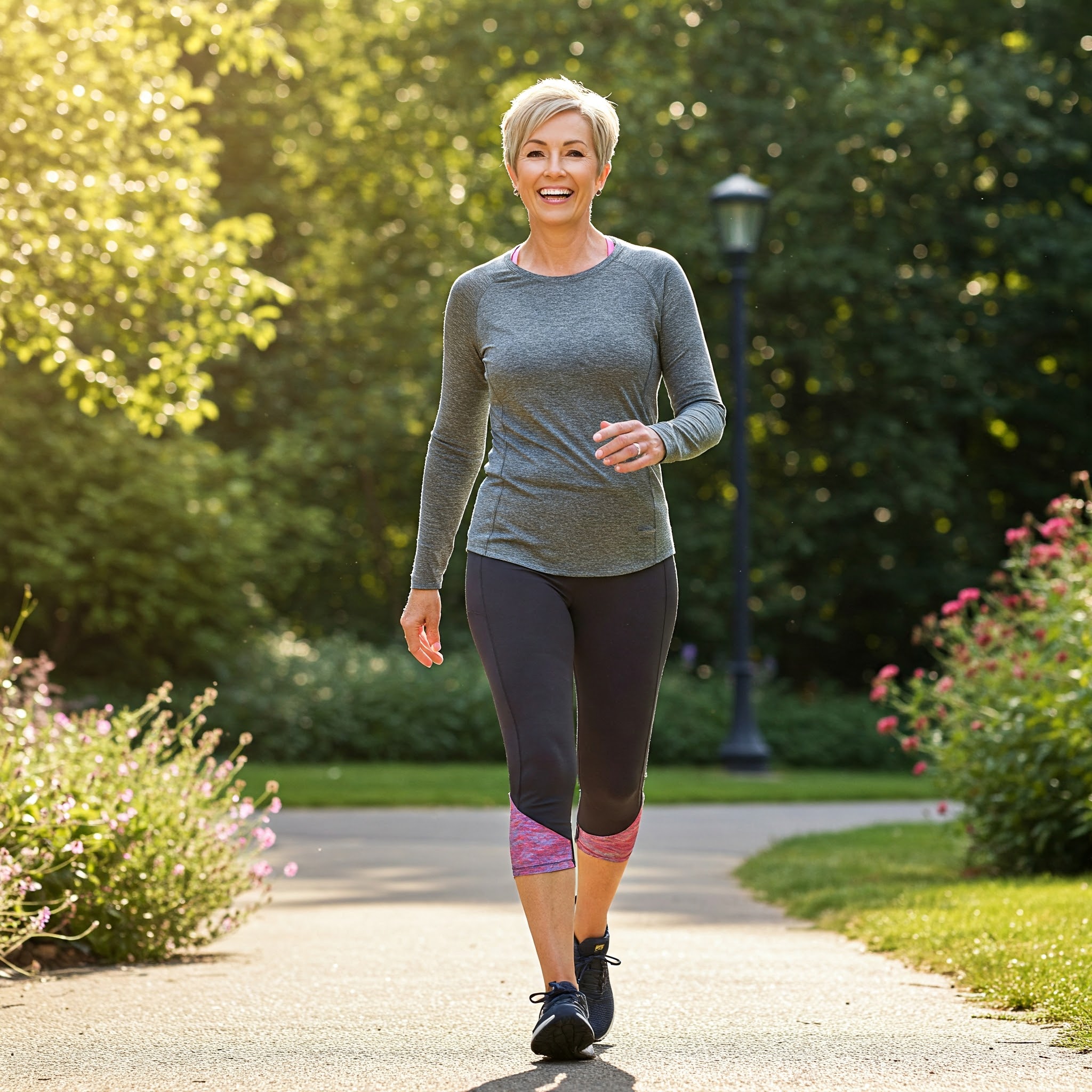 Smiling woman walking outdoors toward camera, demonstrating benefits of custom insoles and orthotics for foot drop, foot pain, plantar fasciitis, flat feet, high arches, Morton's neuroma, and lower limb pain at Limitless Orthotics clinic, Leeds.