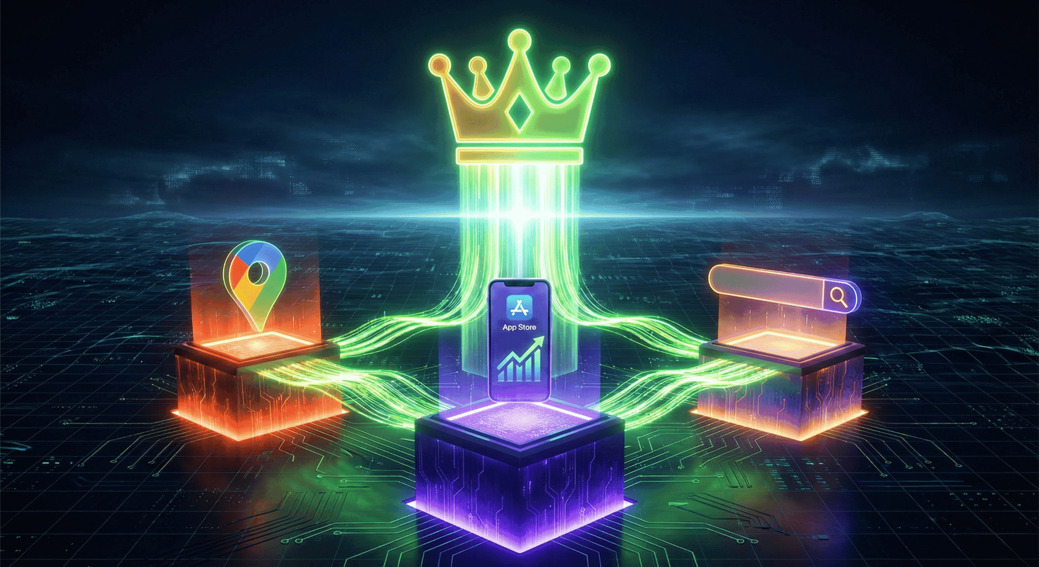 Futuristic 3D illustration of Revuo's three service pillars. Three glowing platforms representing Local SEO (Google Maps pin), App Store Optimization (Smartphone), and Search Strategy (Search bar) connect via neon green data streams to form a massive pillar of light supporting a golden crown, symbolizing market dominance.