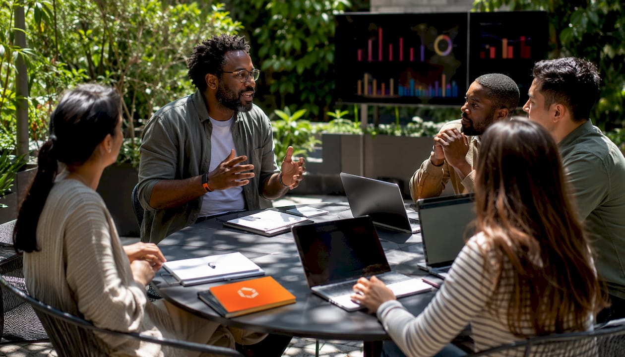 Team aligning on roadmap in meeting room