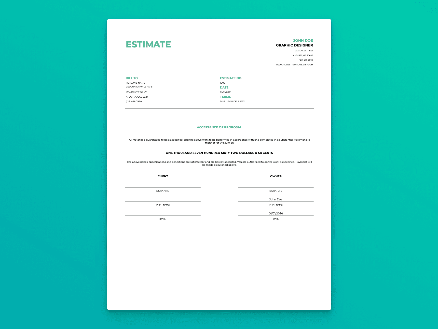 Term Sheet template outlining project acceptance, client and owner signatures, and payment agreement details.
