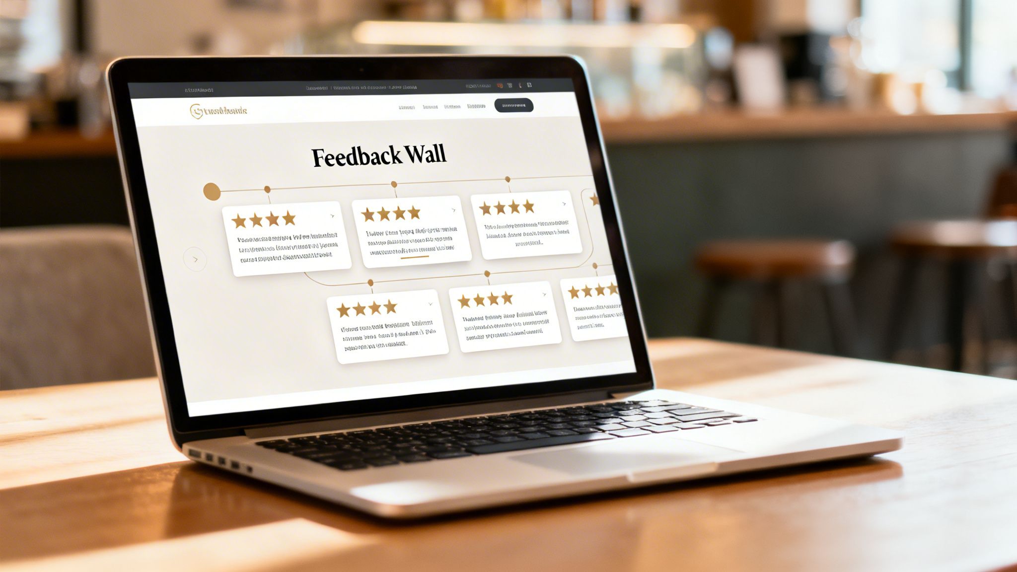Close-up of a laptop displaying a reputation management software's feedback wall interface with customer reviews.