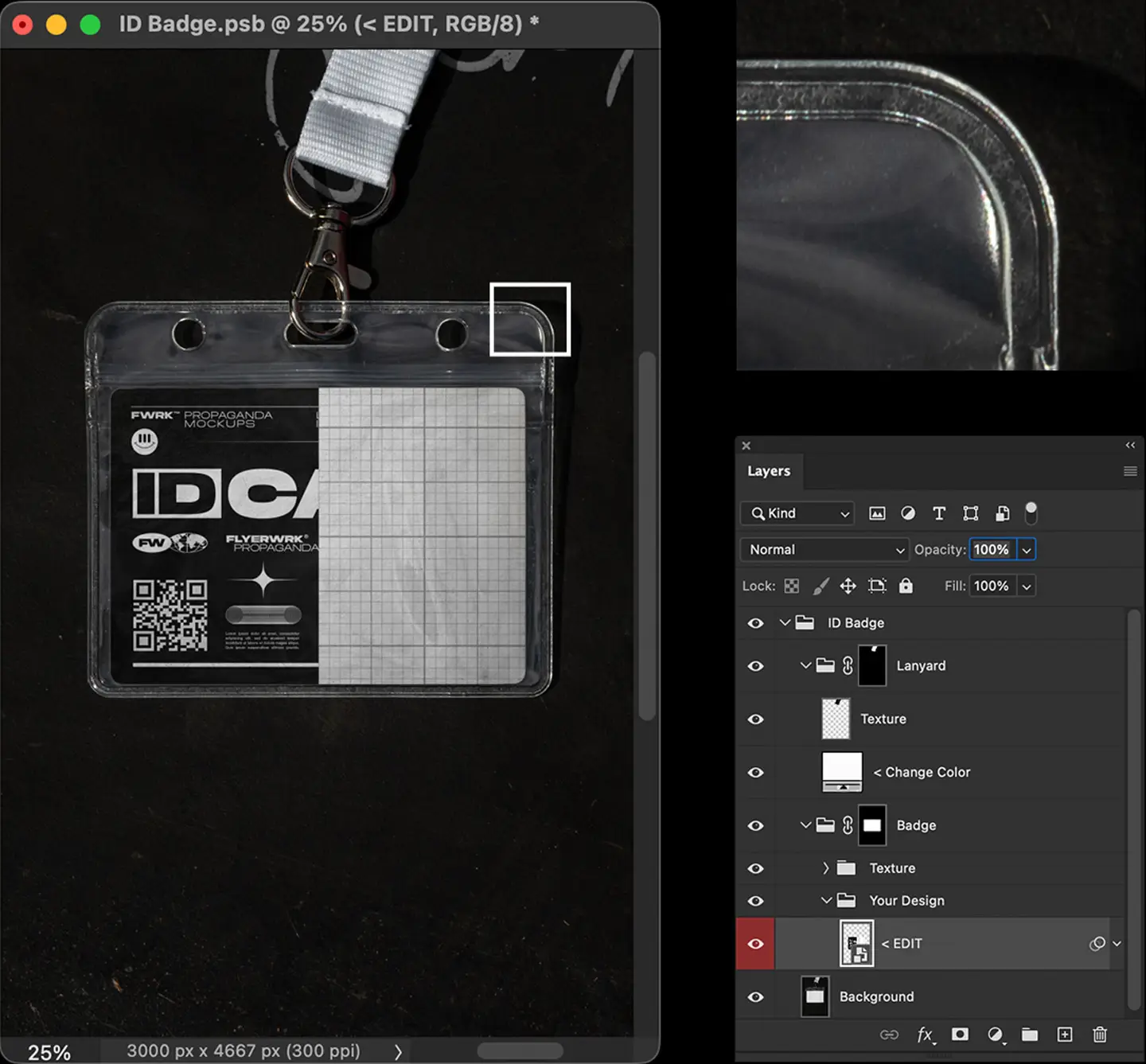 Backstage pass mockup Photoshop file with smart object editing and layer controls