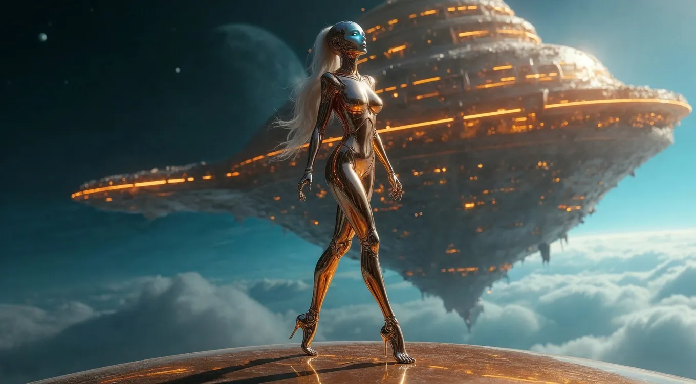 FLUX walking in front of Kardashev-scale architecture, body in motion