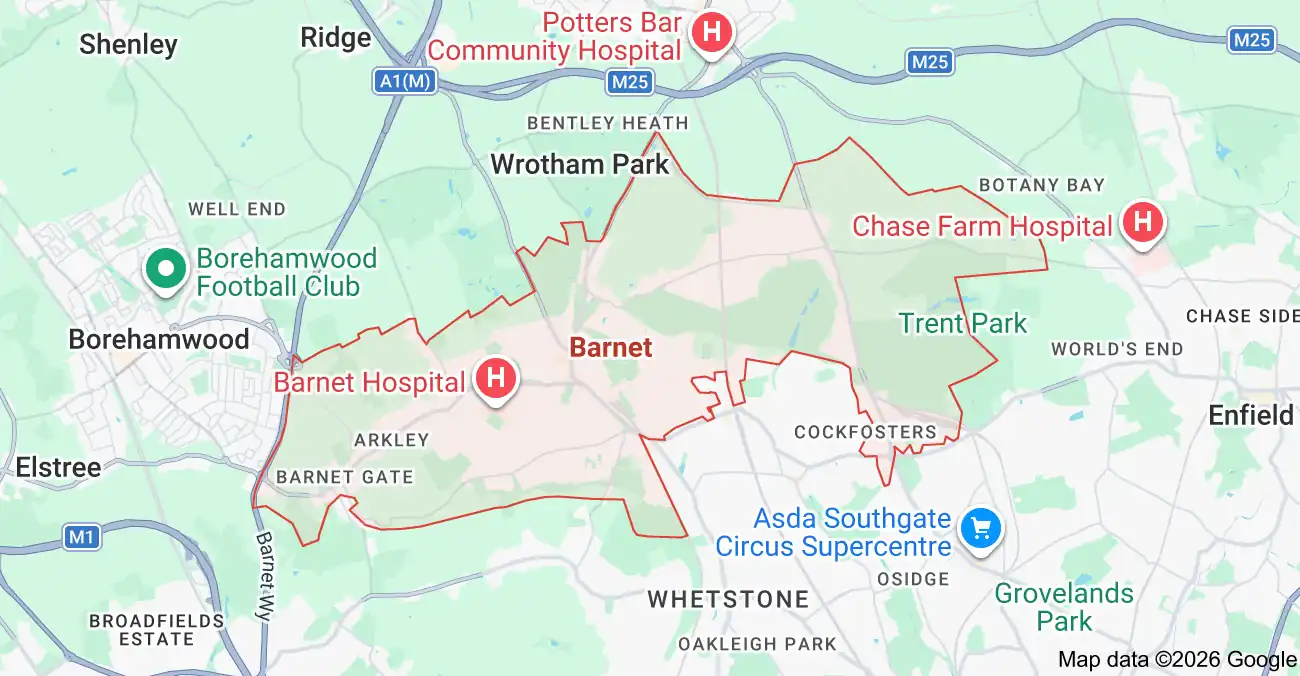 Map of Barnet showing the borough boundary, main road links and surrounding areas