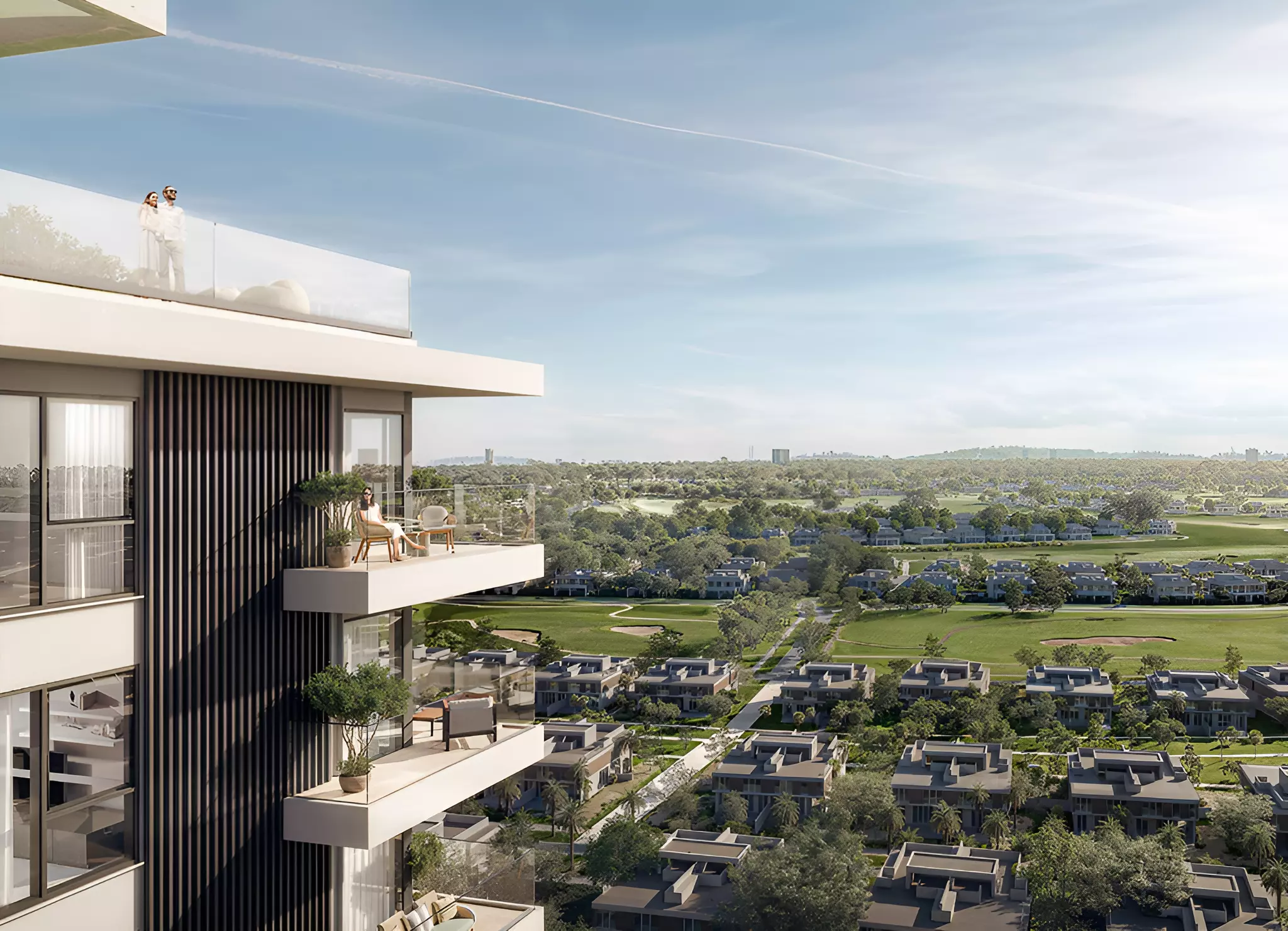 Balconies with panoramic views of golf courses and villas from Vida Residences Club Point in Dubai Hills Estate