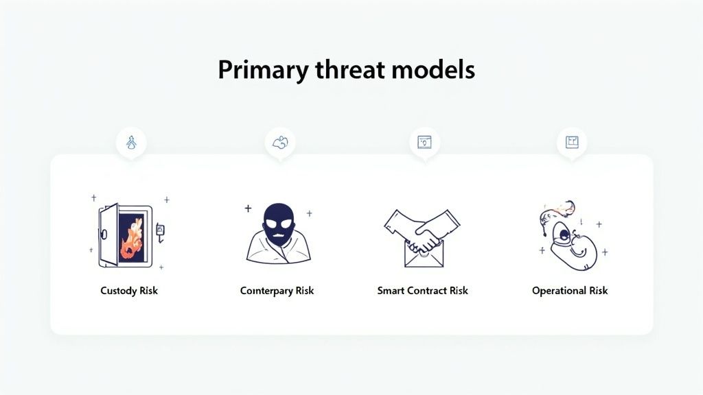 Illustration showing four primary digital asset threat models: Custody, Counterparty, Smart Contract, and Operational Risk.