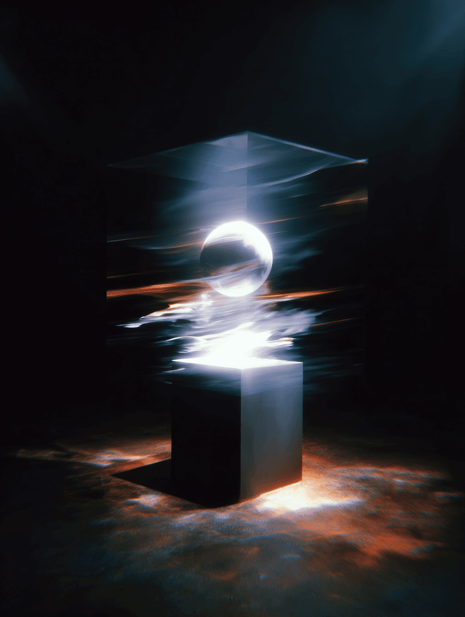 A glowing orb radiates light above a dark pedestal in a surreal, futuristic setting with streaks of orange and blue light.