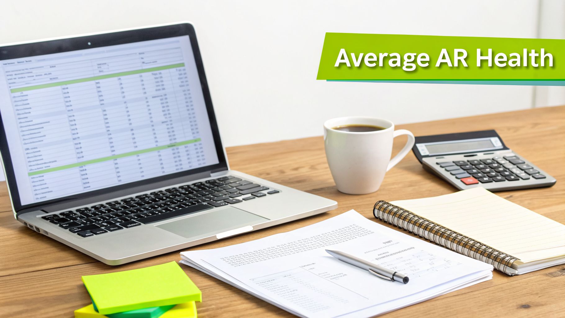 A desk with a laptop displaying a spreadsheet, coffee, calculator, papers, and sticky notes.