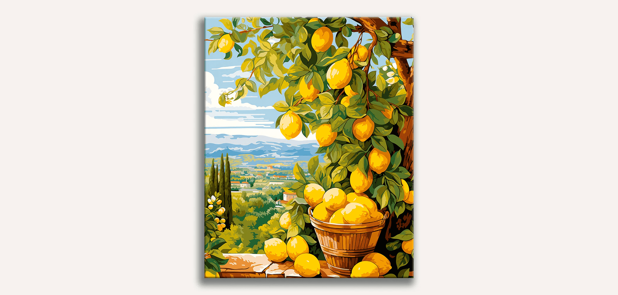 Painting of a lemon tree with yellow lemons and a basket of fruit overlooking a sunny countryside landscape.