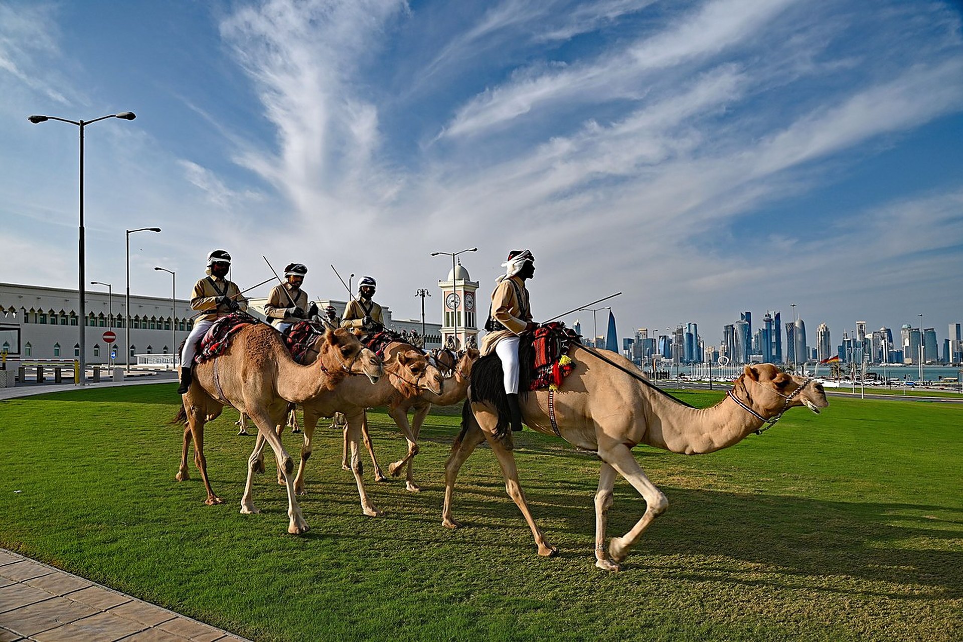 Un cortège de chameaux montés qui défile à Doha, la skyline de West Bay derrière eux