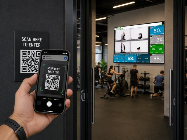 Member scanning a QR code at the gym entrance with Uptivo Gate
