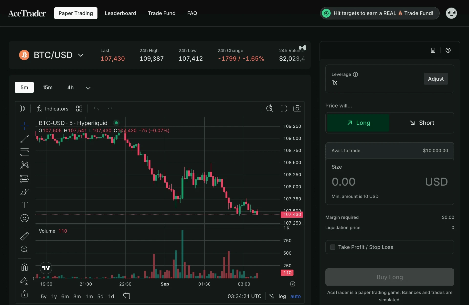 AceTrader paper trading interface