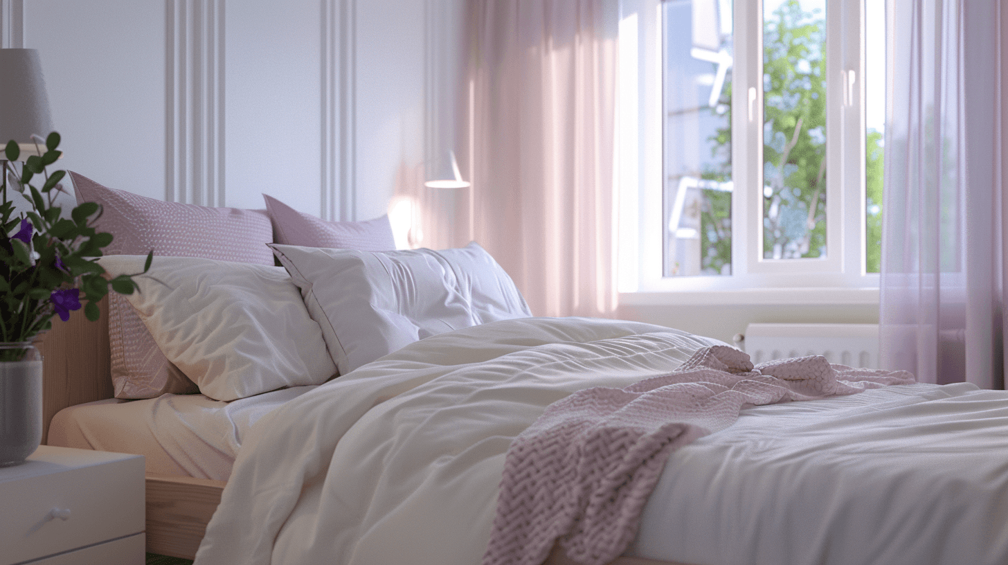 A serene bedroom with purple tones, a minimalist bed, wooden nightstands, and soft natural lighting.