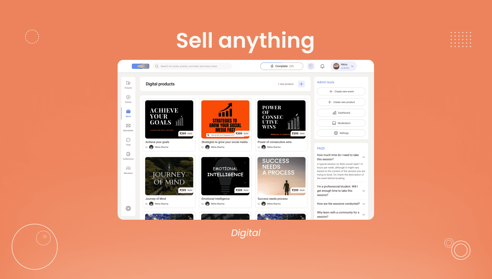 Listing of digital products in the digital store of a creator community built using Wylo.
