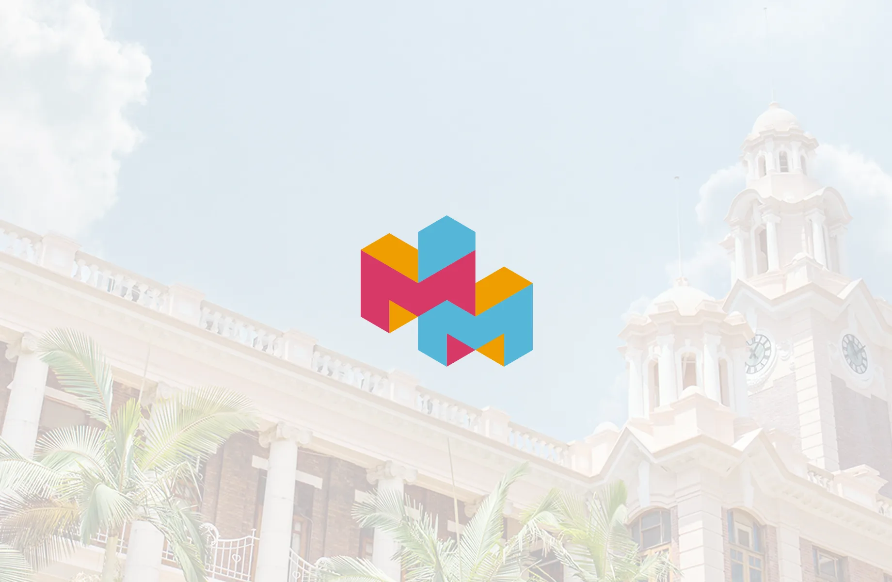 HKU Multimedia and Machine Learning Laboratory visual identity – vibrant faceted M logo in cyan-blue, magenta, and yellow-orange gradients overlaid on HKU Main Building campus background by Teatime Studio.