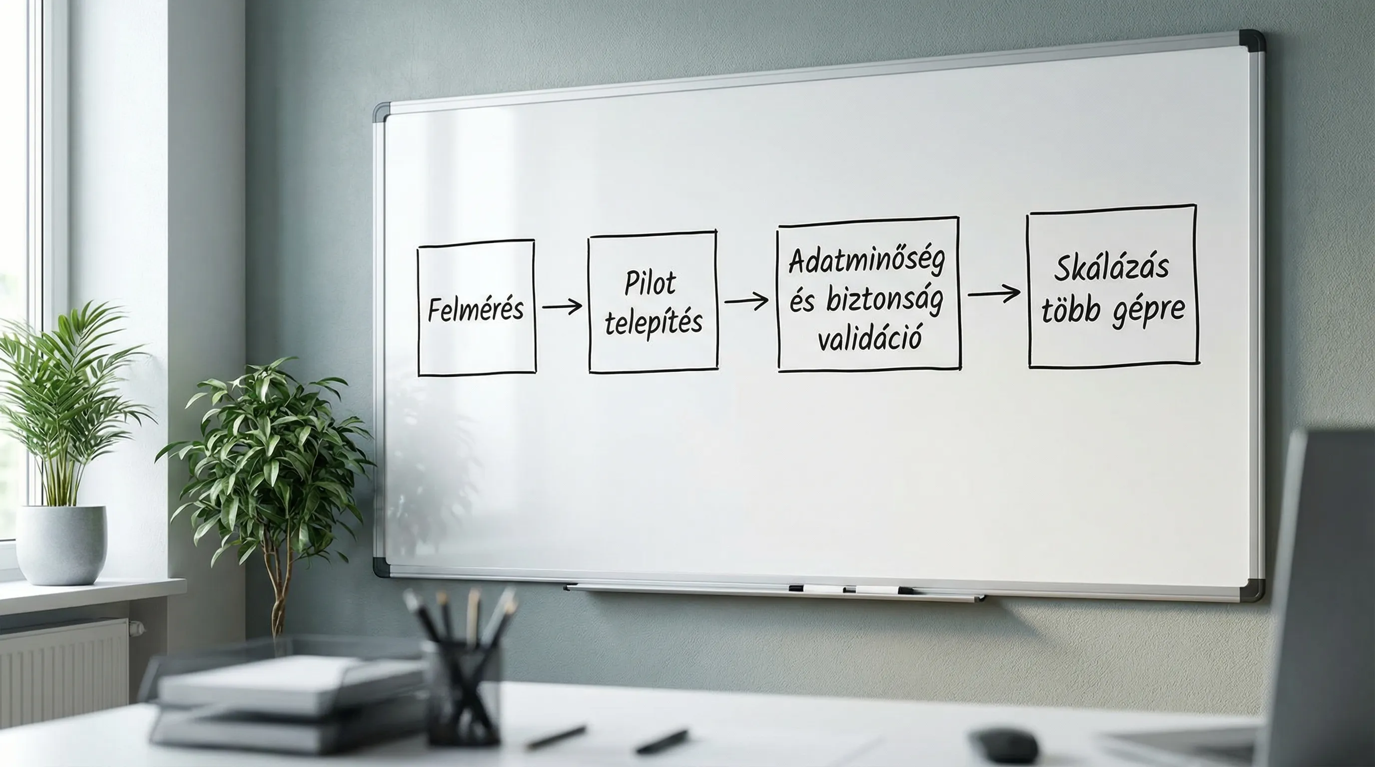 Egyszerű folyamatábra négy dobozzal: Felmérés, Pilot telepítés, Adatminőség és biztonság validáció, Skálázás több gépre.