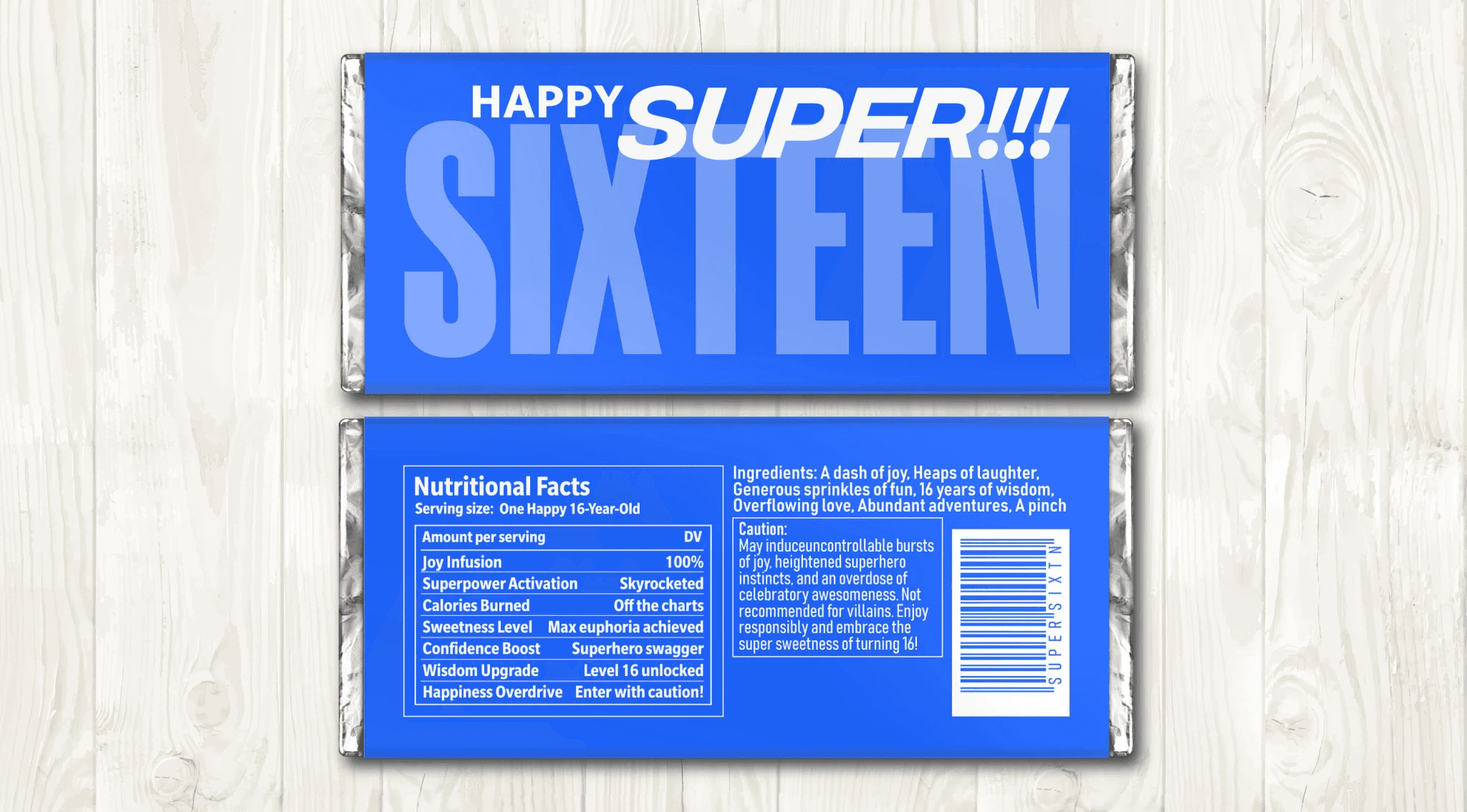 Celebrate in style with this vibrant Sweet Sixteen Chocolate Bar Wrapper for a perfect birthday party favor! Designed to fit standard 1.55 oz Hershey bars, this printable wrapper features a bright blue design with playful 'nutritional facts' tailored for a fun and memorable sweet sixteen celebration. Instant download makes it easy to print at home and add a personal touch to any birthday event. Ideal for Sweet 16 party favors, customizable wrappers, and unique birthday gifts.