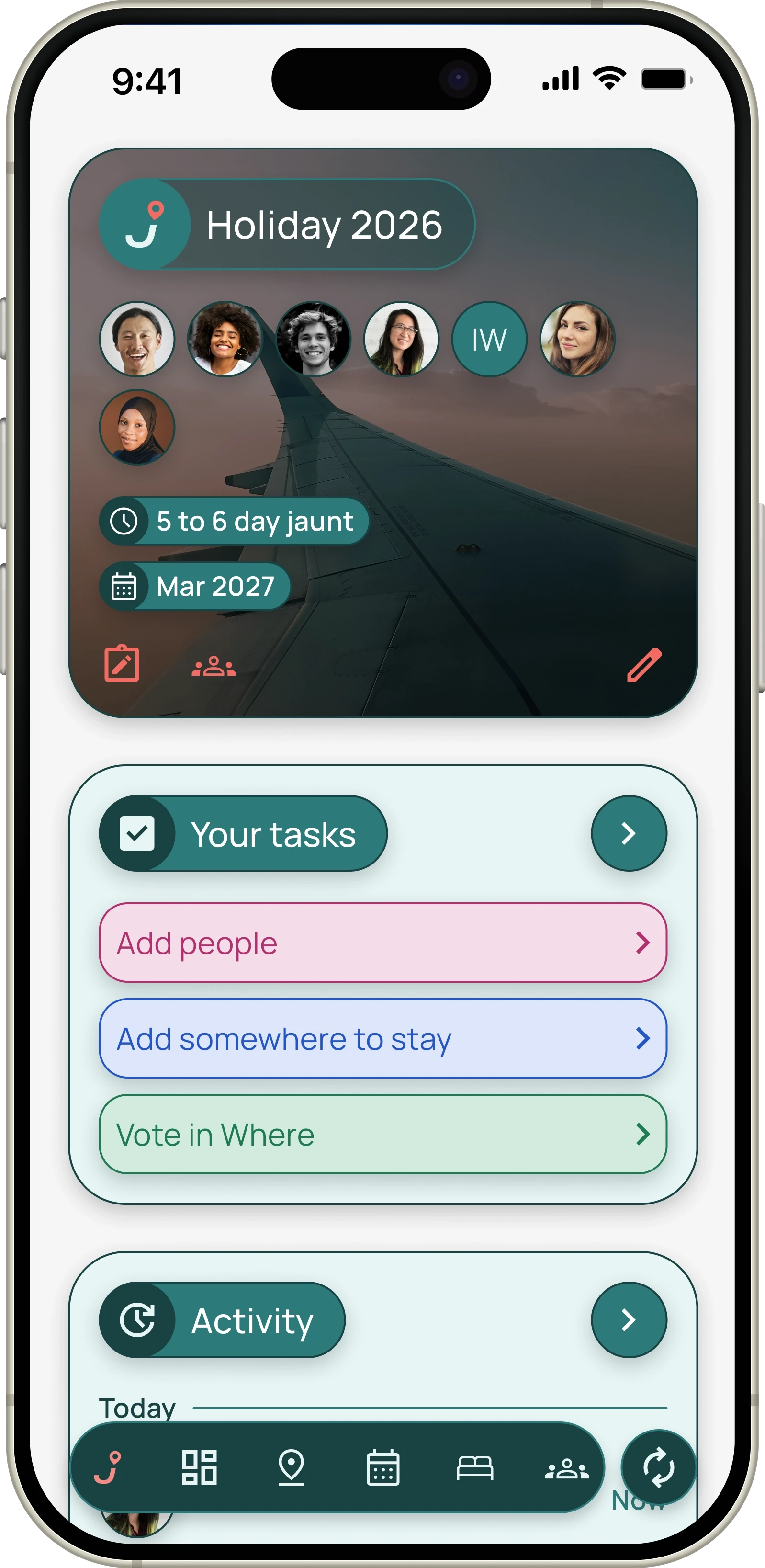 Jaunt trip dashboard showing group members, tasks and activity