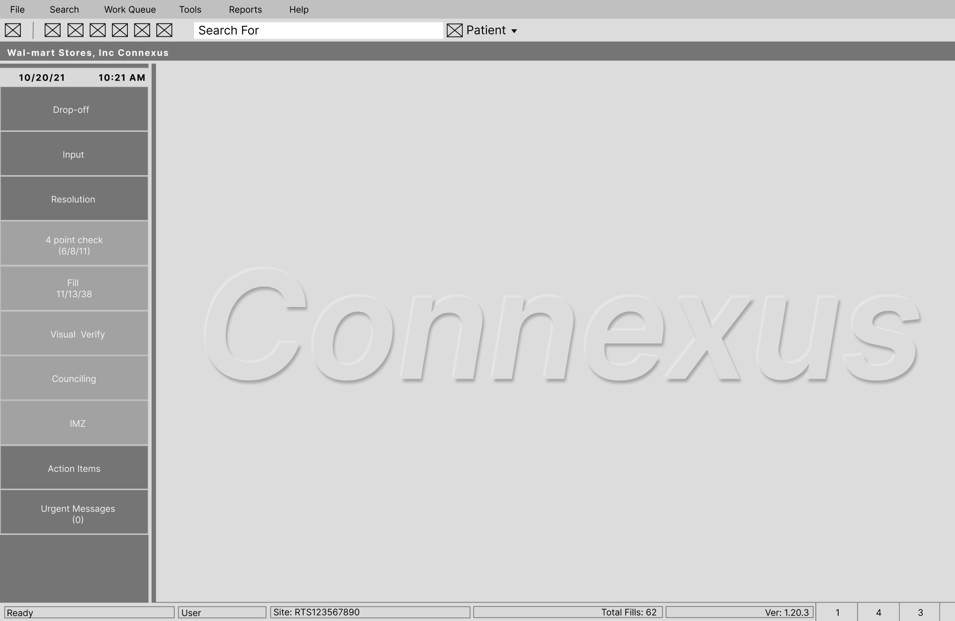 A recreated home screen of the walmart pharmacy software "Connexus."