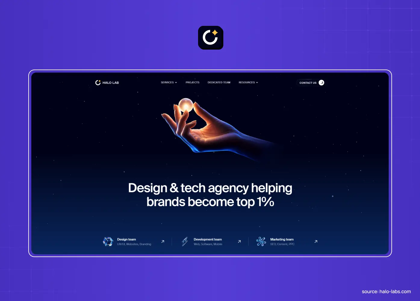 Halo Lab website featuring a glowing hand holding a light and the headline “Design & tech agency helping brands become top 1%.”