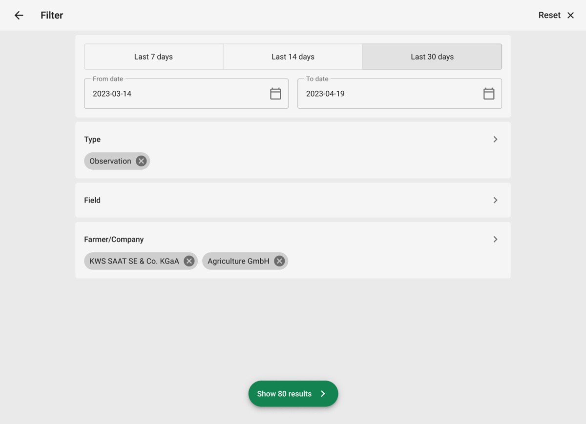 Mockup of the inspection filter interface of the KWS Field Explorer mobile app on tablet
