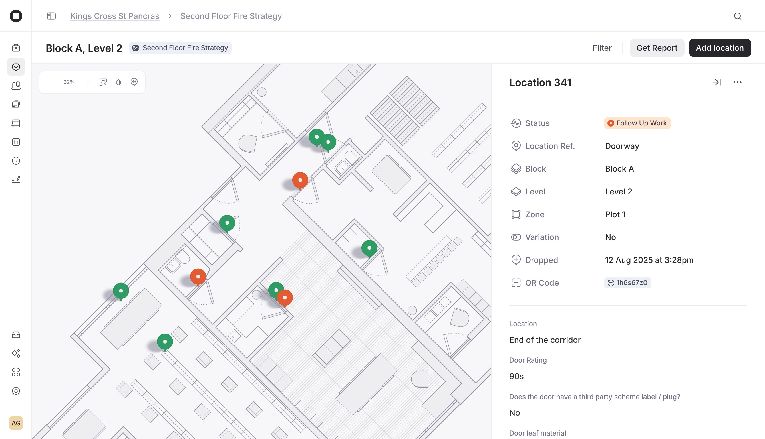 In light mode, a drawing in Onetrace with multiple locations pinned. An orange pin for location 341 indicates “Follow up work” is needed.