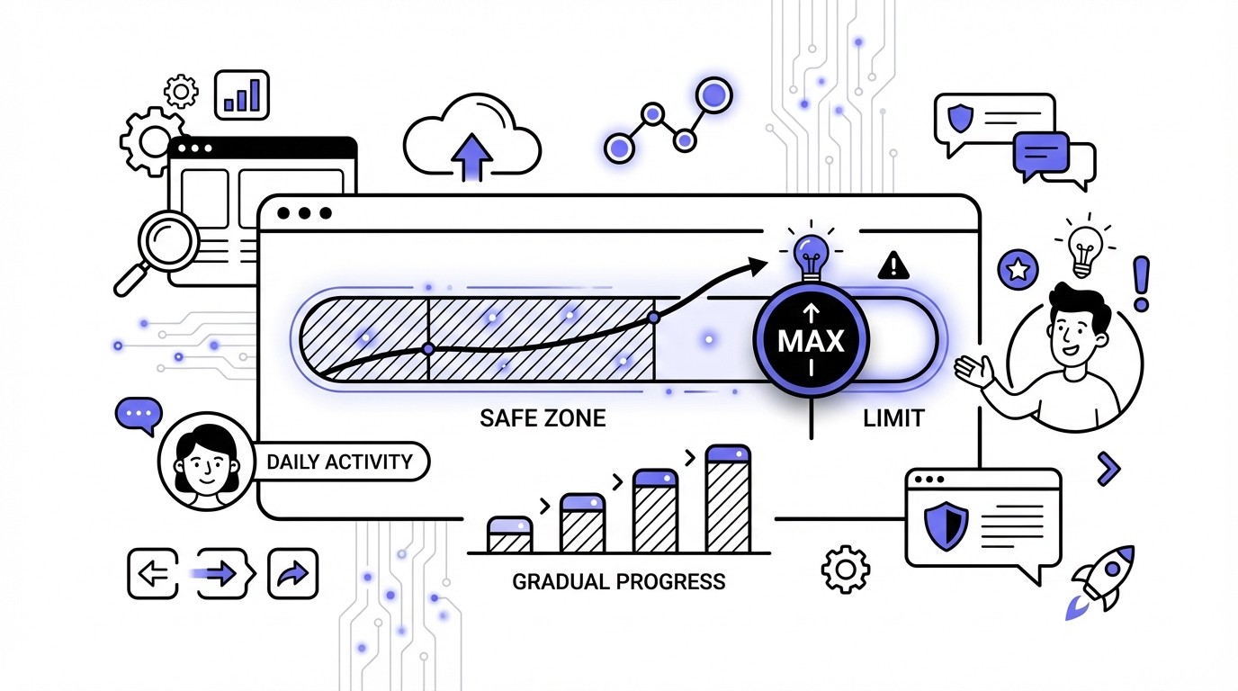 A modern, tech-themed infographic dashboard. A central digital gauge or progress bar illustrates 'Daily Activity' with a clear 'Safe Zone' in blue and green, and a 'Limit' marked in amber. A rising trend line or increasing data bars represent 'gradual scaling,' approaching but not exceeding the safe limit. A stylized 'MAX' or 'LIMIT' icon is subtly integrated, emphasizing the concept of an activity speed limit.