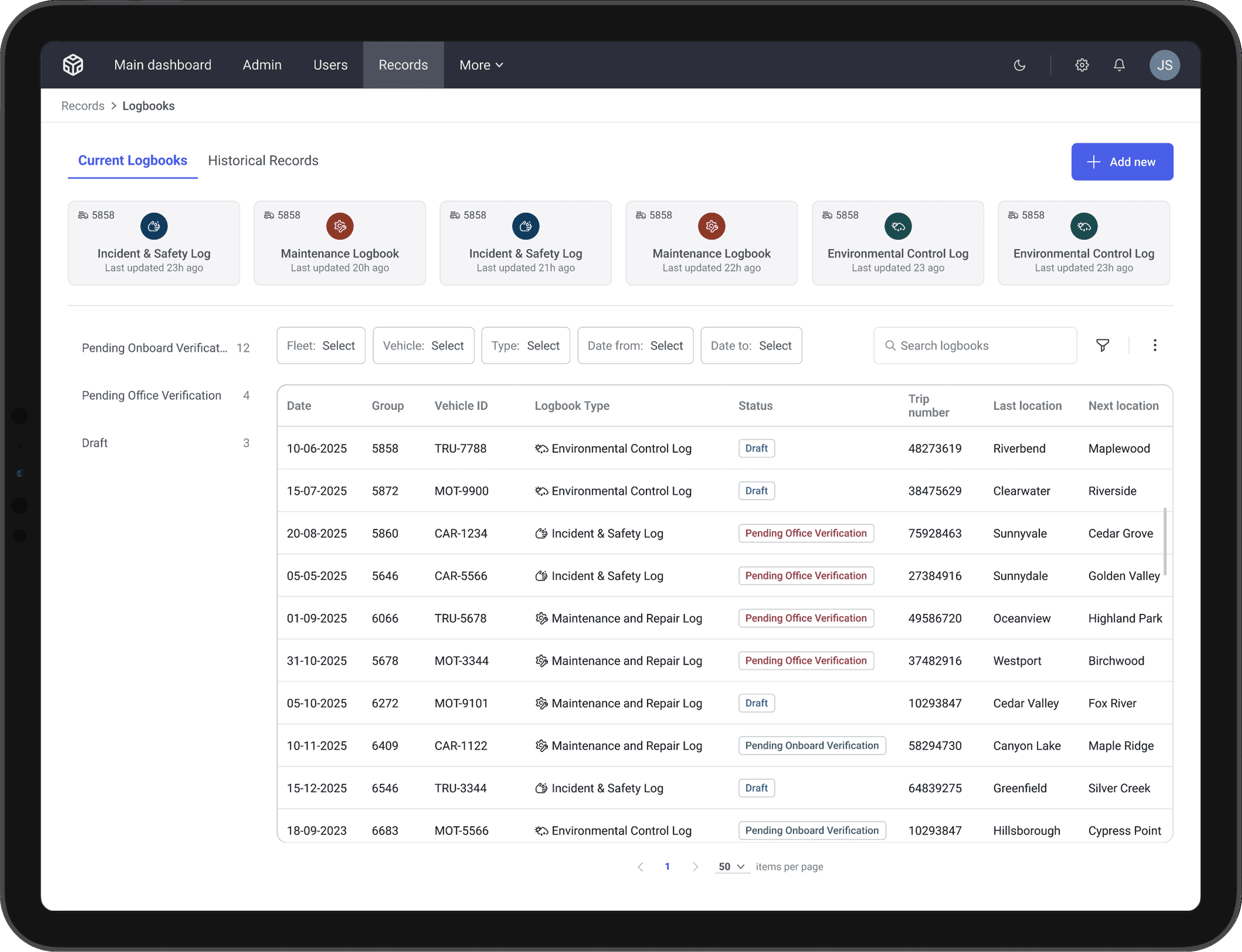 Logbooks Homepage in light mode