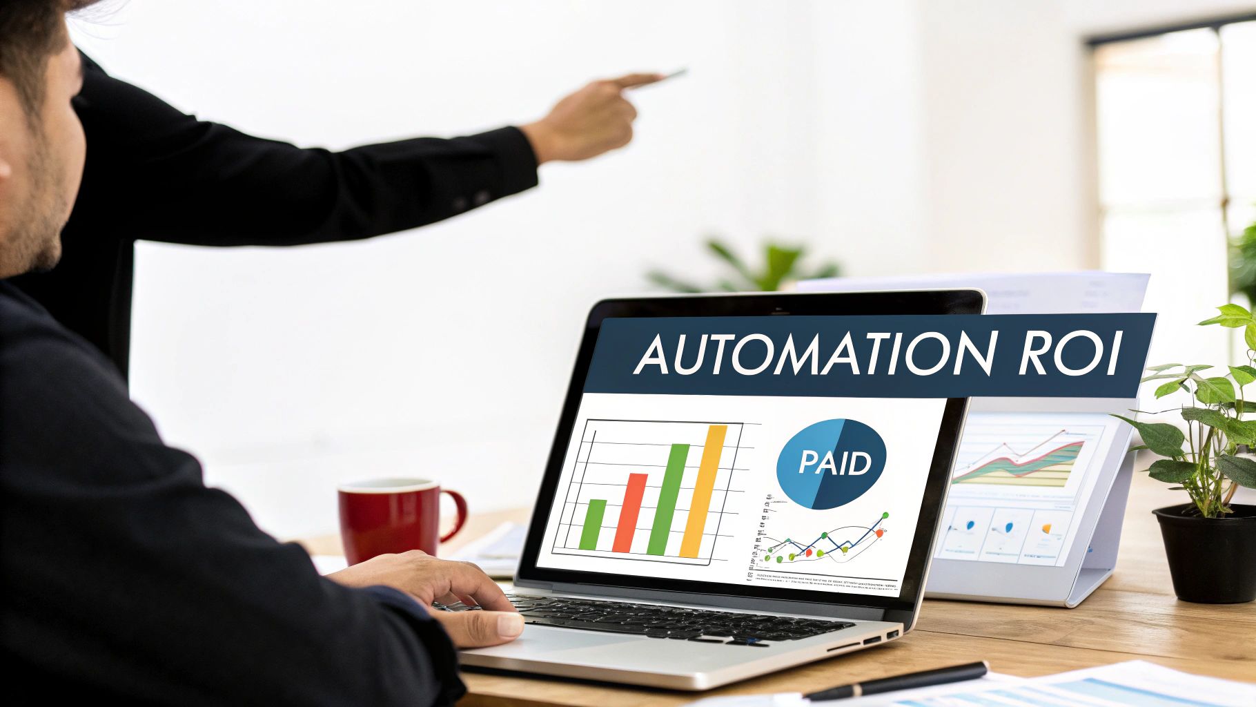 Two professionals review 'Automation ROI' on a laptop, analyzing charts and financial data.