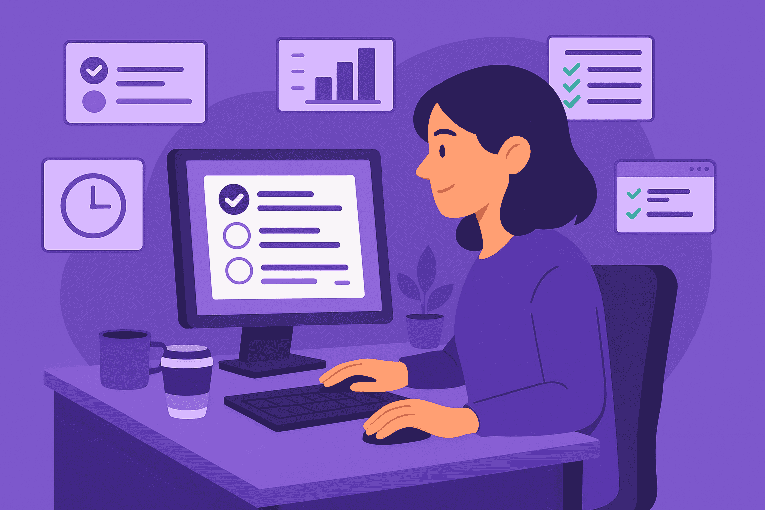 A flat-style digital illustration of a professional woman at a desk tracking tasks on her computer, surrounded by floating task windows and progress icons, symbolizing efficient time management and productivity.