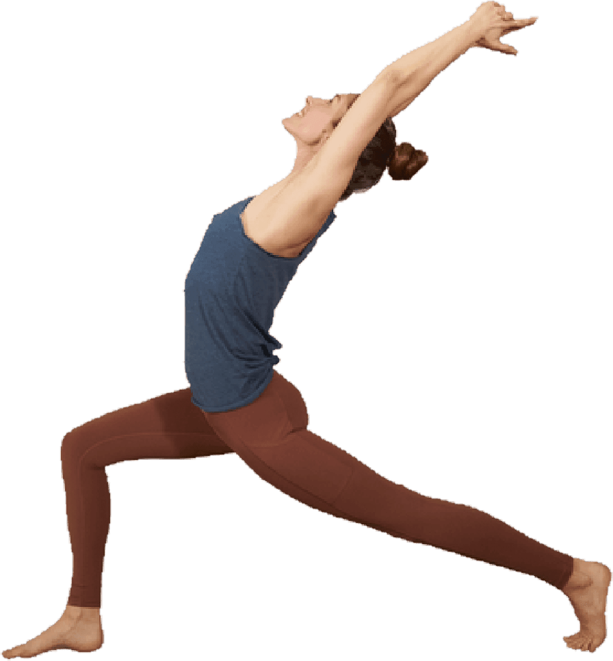 High Lunge with the back heel lifted and the back toes tucked under, arms reaching overhead.