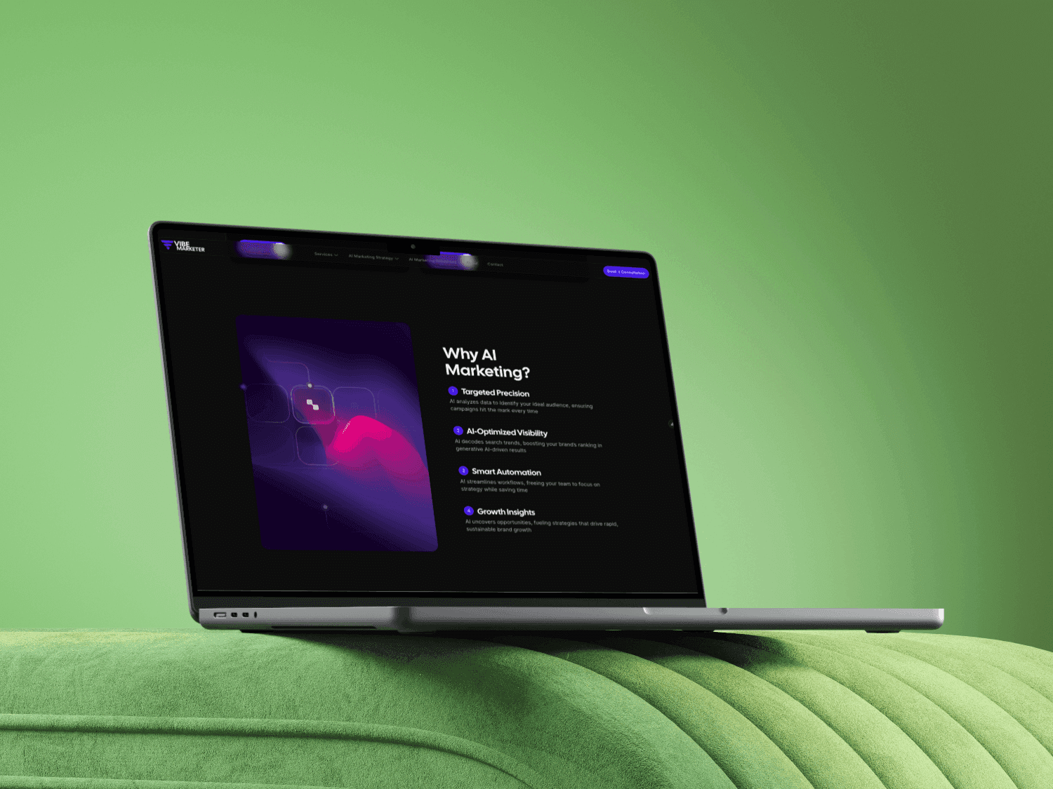 Framer Website and Template Mockup with a dark color done for a professional marketing studio