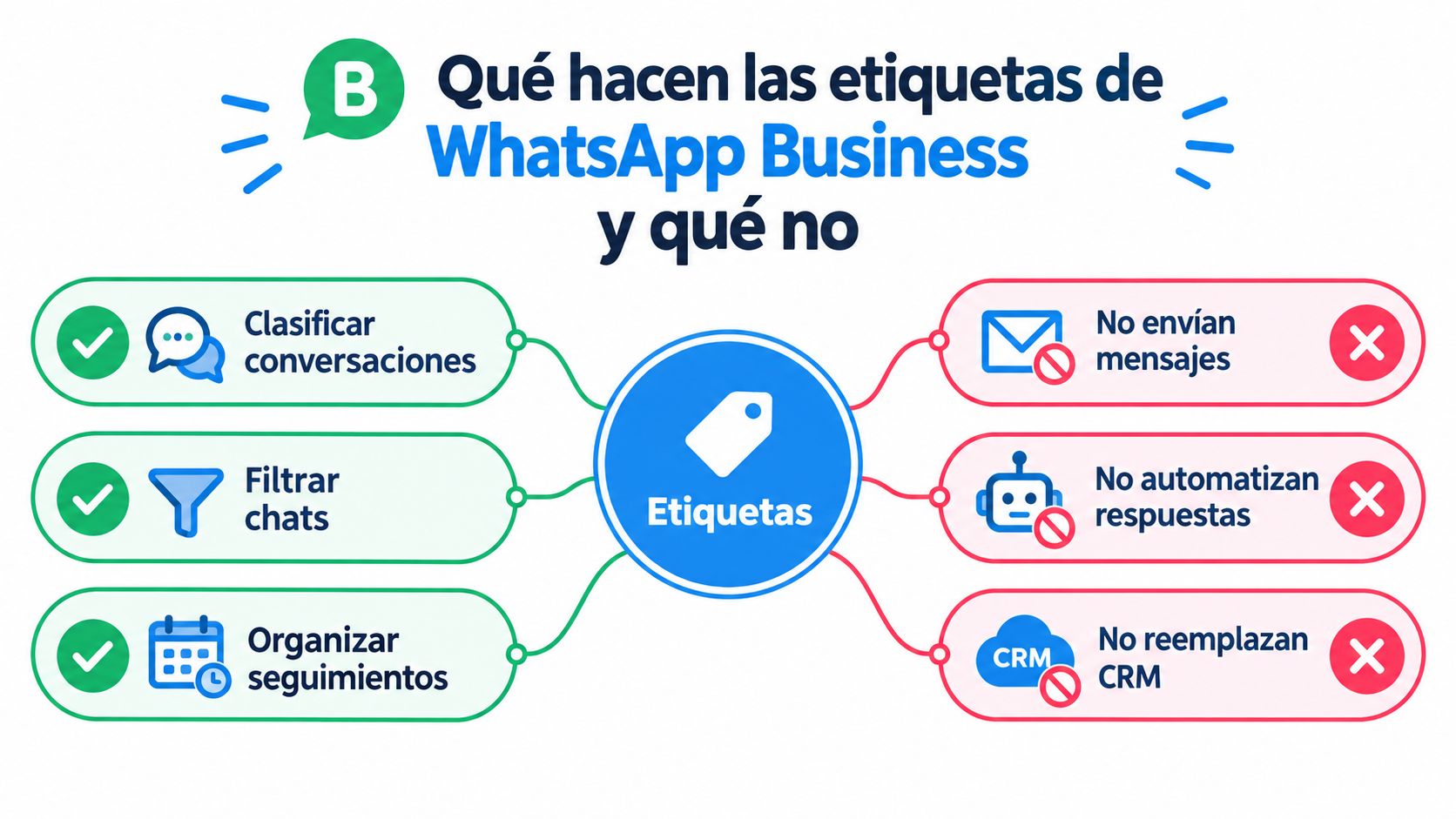 Infografía sobre las funciones y limitaciones de las etiquetas en la aplicación WhatsApp Business para empresas.