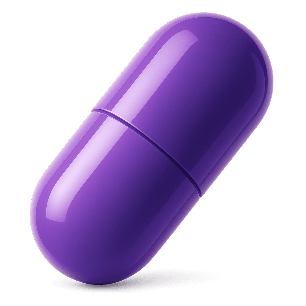 Glossy purple 3D capsule pill shown at a diagonal angle on a light background, with a smooth reflective surface and a subtle shadow beneath.