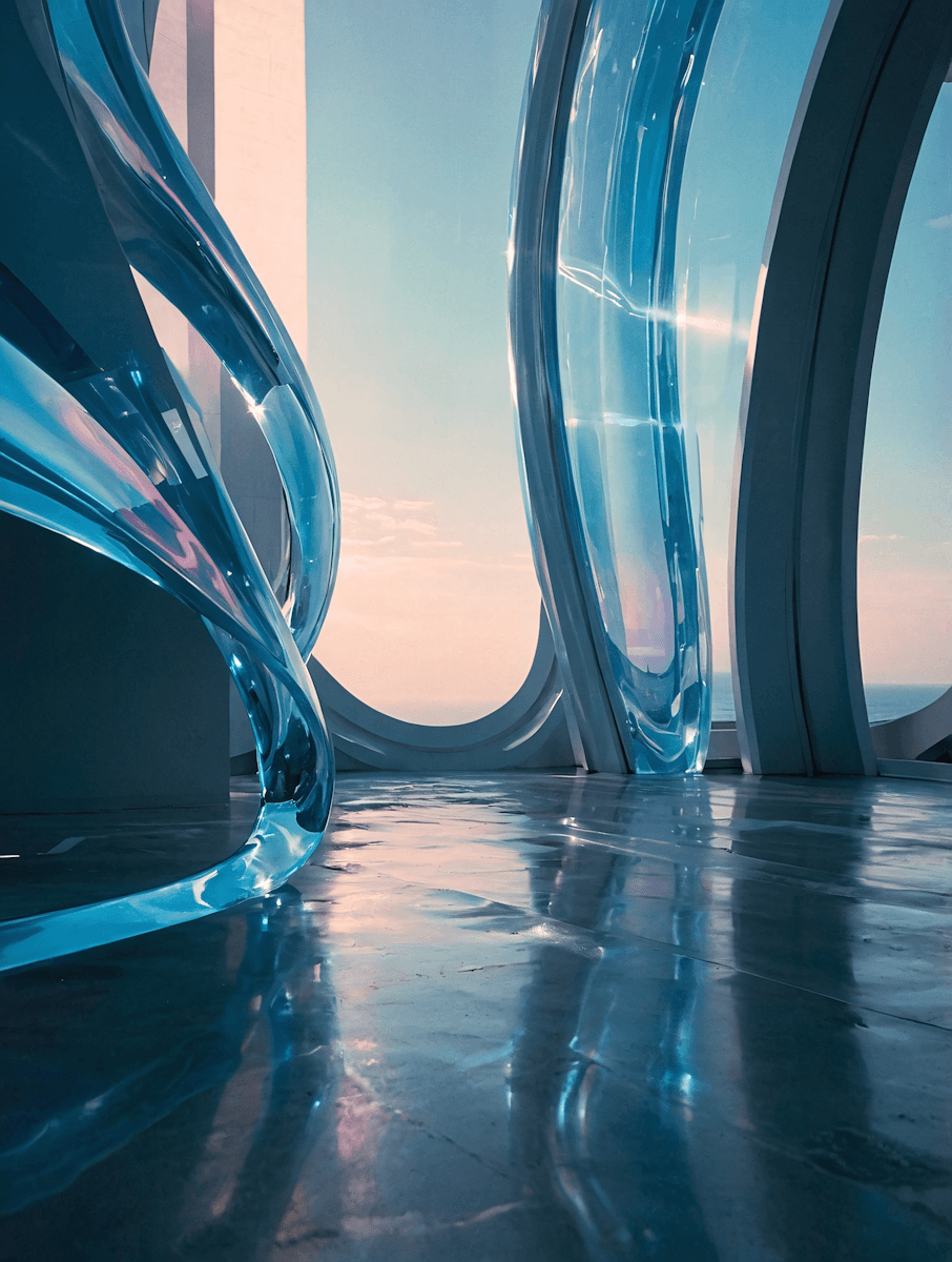 Modern architectural design features large, curved blue glass panels casting reflections on a polished floor, with sunlight streaming through a window creating a serene atmosphere.